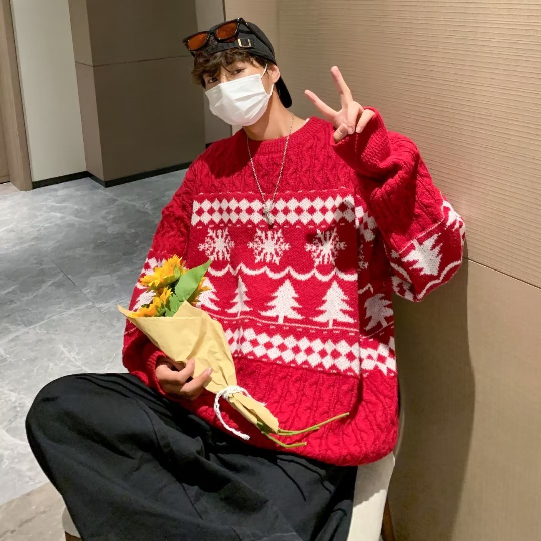 크리스마스 커플 스웨터 노르딕 빈티지 겨울 빅사이즈 루즈핏 눈꽃 연말 파티 단체복 2컬러 - 상품 이미지