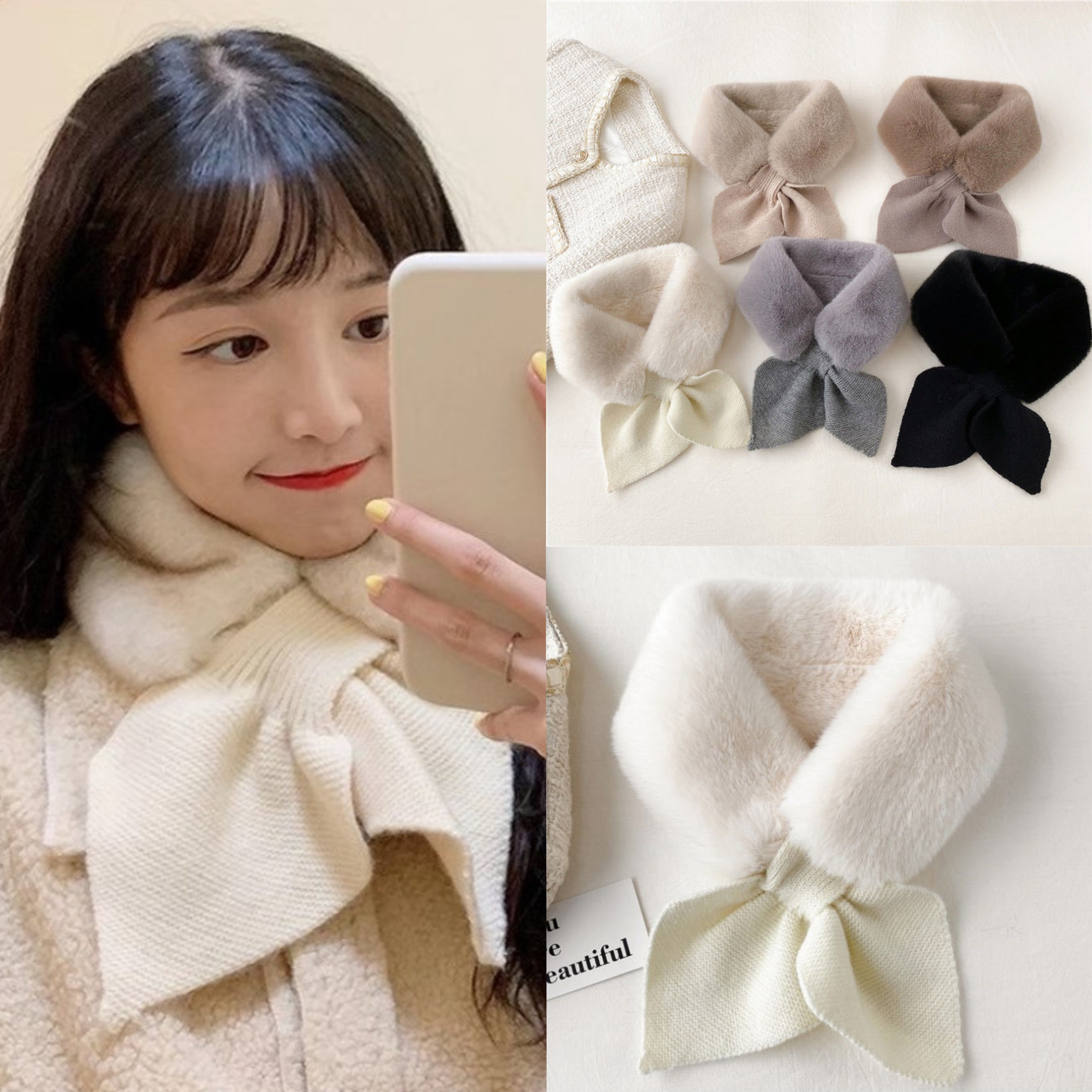 부드러운 리본 숏 여자 목도리 귀여운 쁘띠 밍크 털 퍼 미니 학생 교복 나비 짧은 고리형 - 상품 이미지