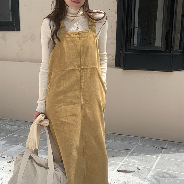 아델라 코듀로이 H라인 멜빵 롱 원피스 3col 겨울 봄 루즈핏 뷔스티에 포켓 제이플로우
