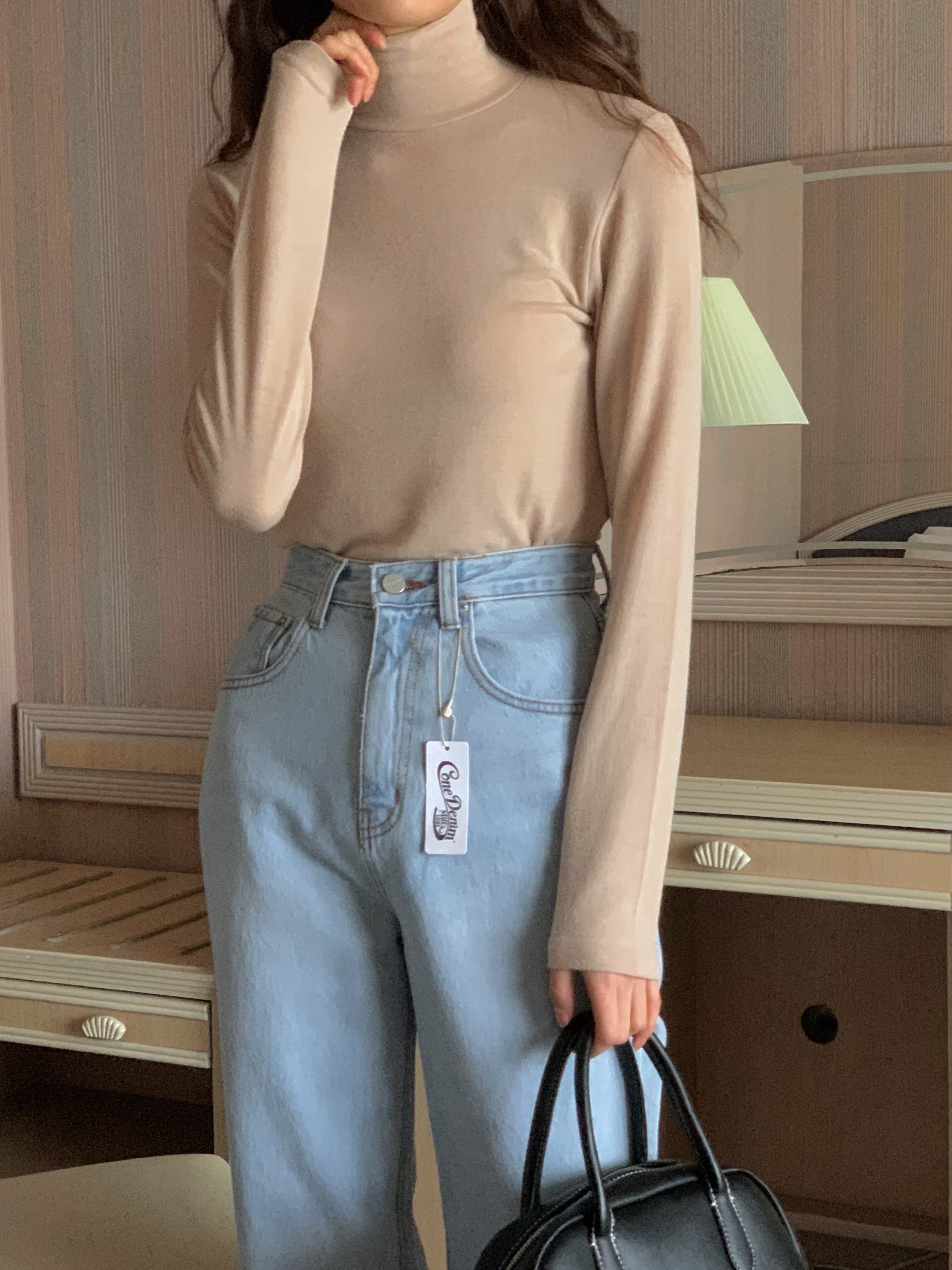 러버 컬러 스판 텐션 폴라 부드러운 여성 하이넥 목폴라 니트 티셔츠 이미지 3
