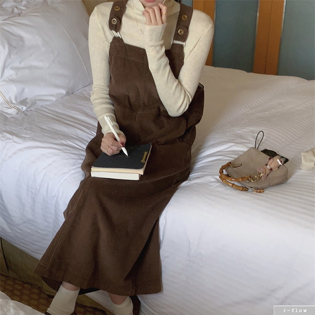 아델라 코듀로이 H라인 멜빵 롱 원피스 3col 겨울 봄 루즈핏 뷔스티에 포켓 제이플로우