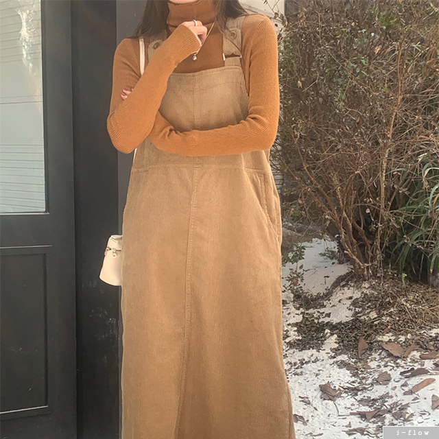 아델라 코듀로이 H라인 멜빵 롱 원피스 3col 겨울 봄 루즈핏 뷔스티에 포켓 제이플로우