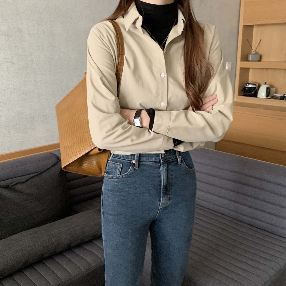 루즈핏 피치 기모 여성 셔츠 블라우스 레이어드 코튼 여자 가을 겨울 셔츠 블라우스 남방 - 상세 이미지 5