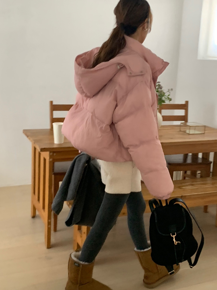 오버핏 오리털 크롭 패딩 후드 여자 숏 패딩 덕 다운 점퍼 여성 겨울 점퍼 아우터 핑크 이미지 4