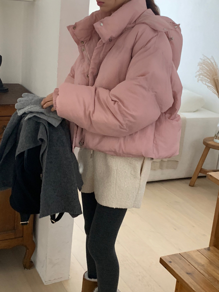 오버핏 오리털 크롭 패딩 후드 여자 숏 패딩 덕 다운 점퍼 여성 겨울 점퍼 아우터 핑크 이미지 2