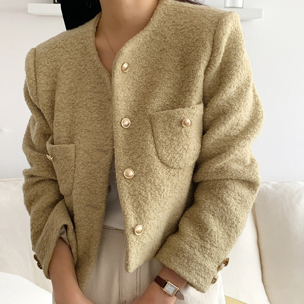 트렌디 금장버튼 노카라 여성 트위드자켓 양털 울 재킷 여자 가을 재킷 숏 부클 크롭 자켓