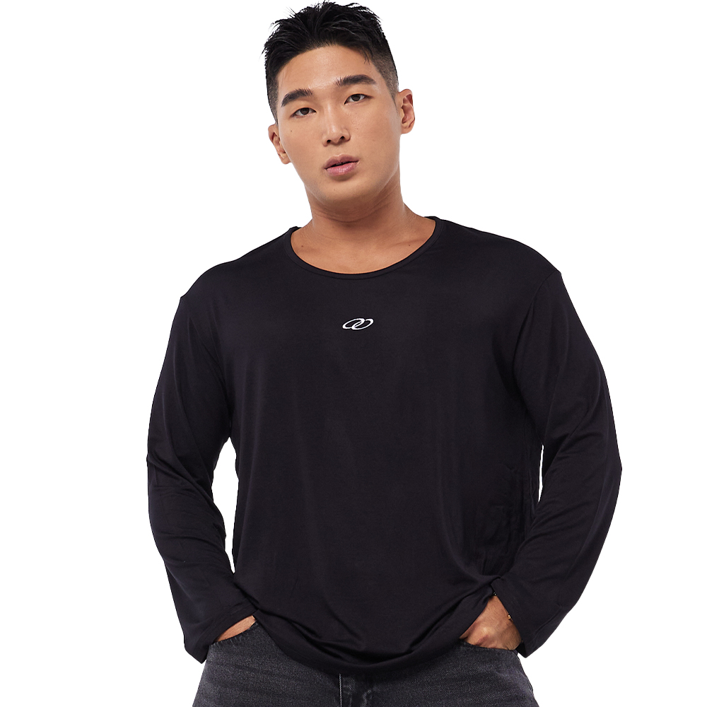 MAVRK(매버릭), 더블 루프 로고 세미 U넥 무지 긴팔 머슬핏 티셔츠 블랙 - 상품 이미지