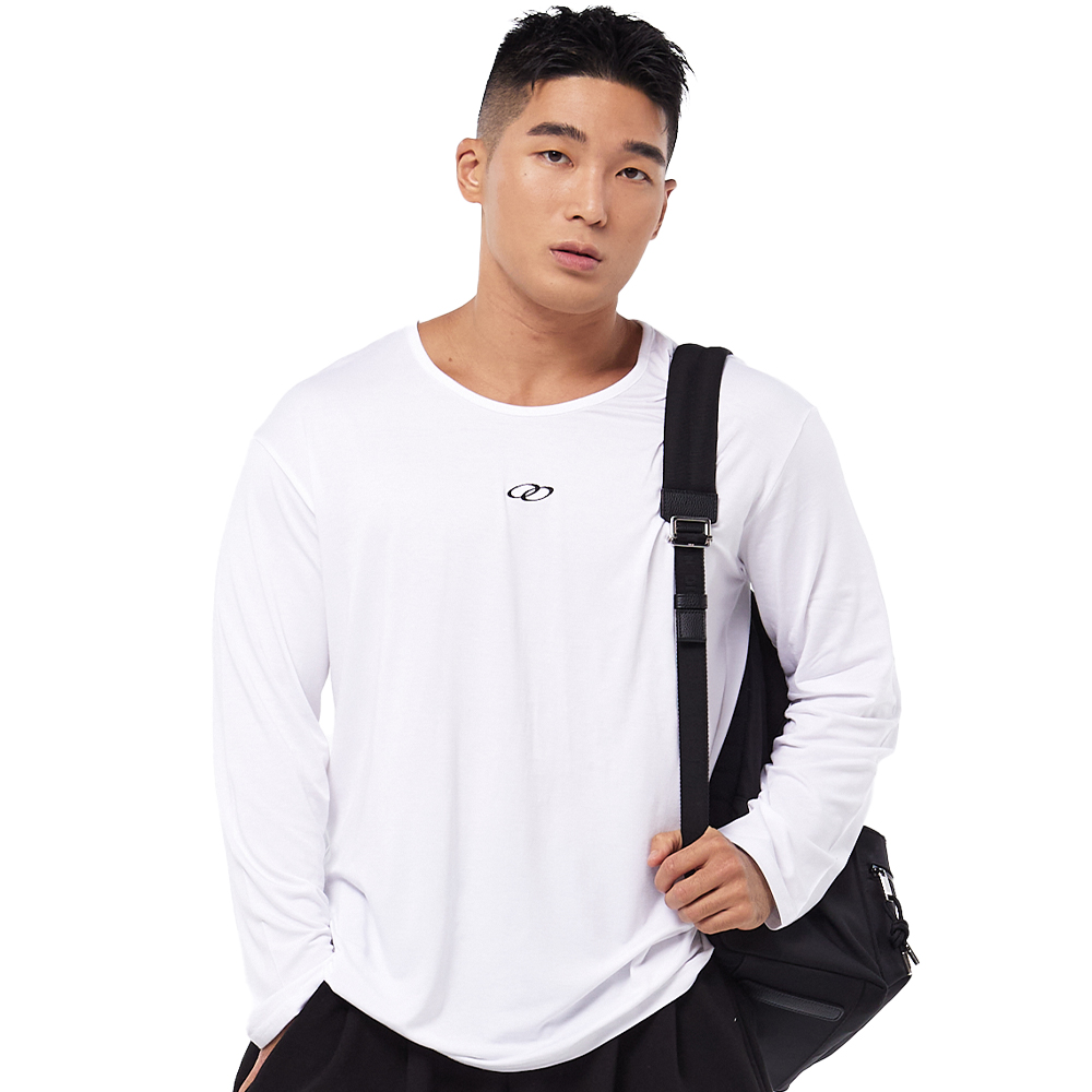 MAVRK(매버릭), 더블 루프 로고 세미 U넥 무지 긴팔 머슬핏 티셔츠 화이트 - 상품 이미지