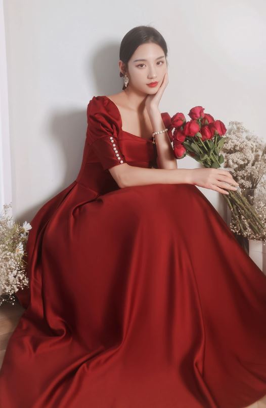 새틴 반팔 진주 브라이덜샤워 스냅촬영드레스 이브닝 파티 레드드레스 이미지 2