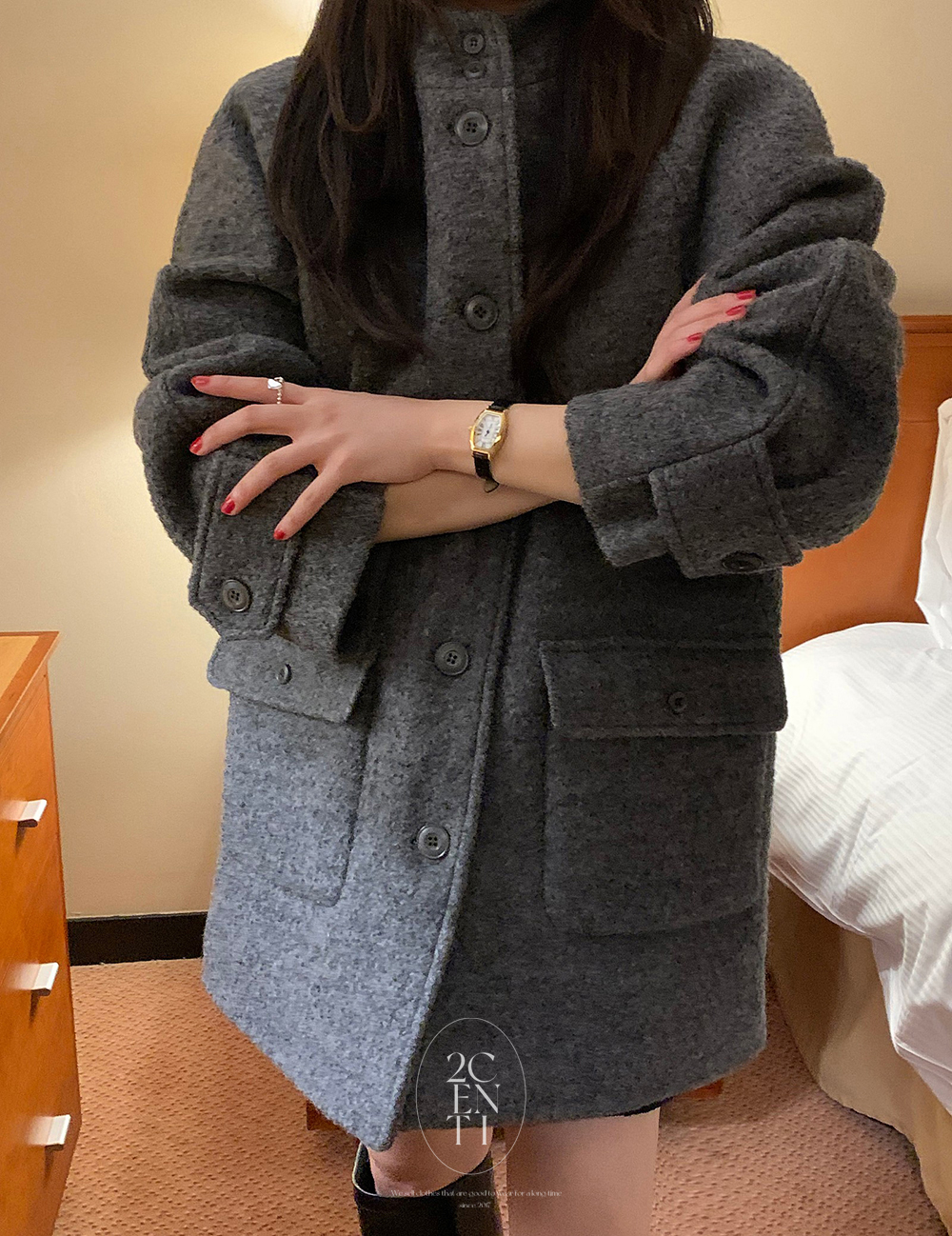 (울100%) 프라우 하프 후드 코트 (3color) A라인 포켓 부클 숏 누빔 이미지 6