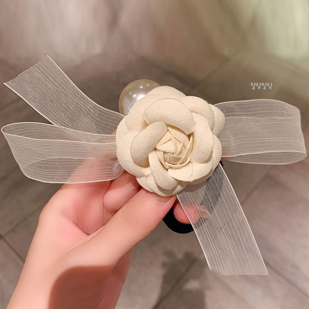 로즈 쉬폰 리본머리끈 여성스러운 고급 진주헤어끈 - 상세 이미지 2