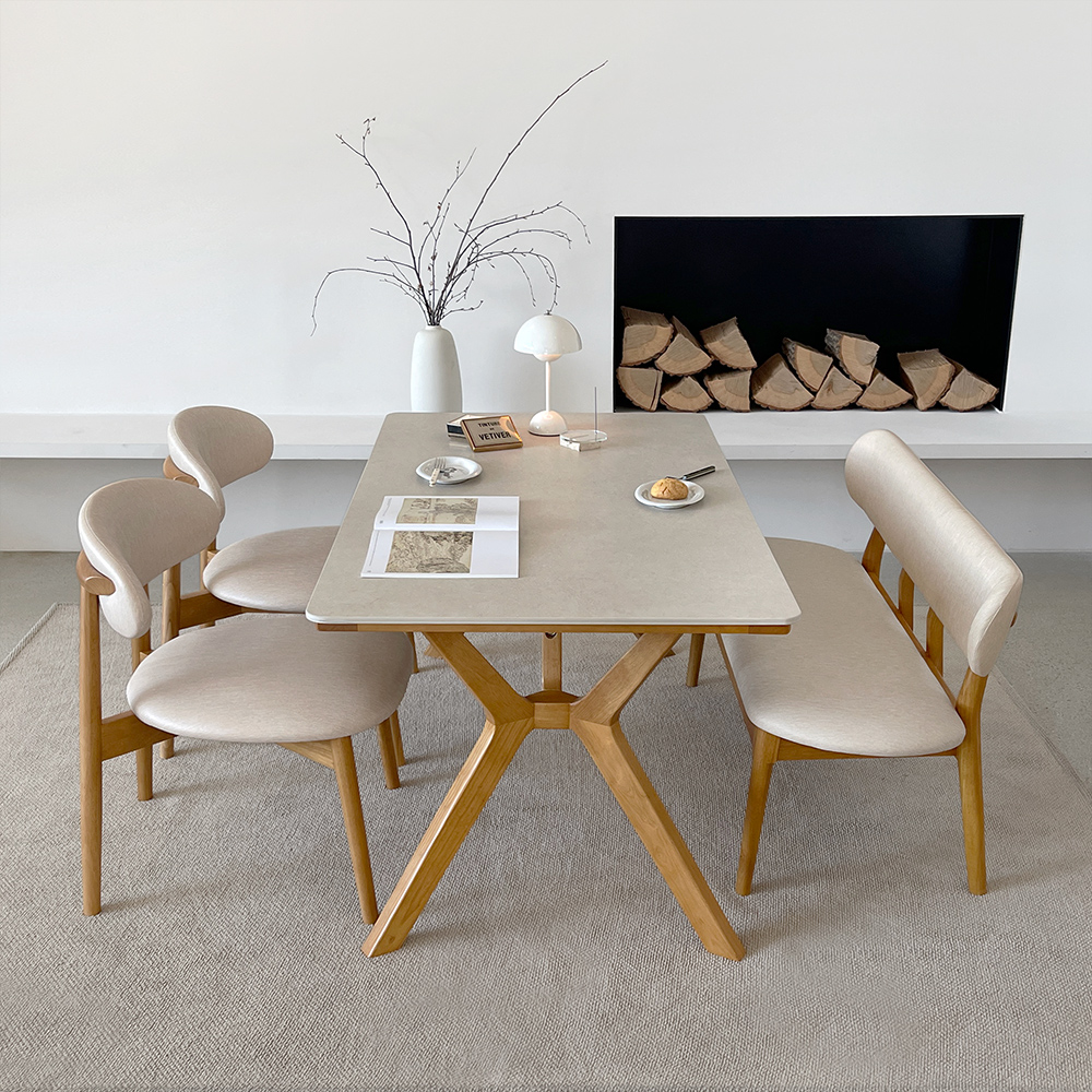 빈센트 4인용 원목 포세린 세라믹 식탁세트 식탁+의자2+벤치1, 1400mm, 양면세라믹