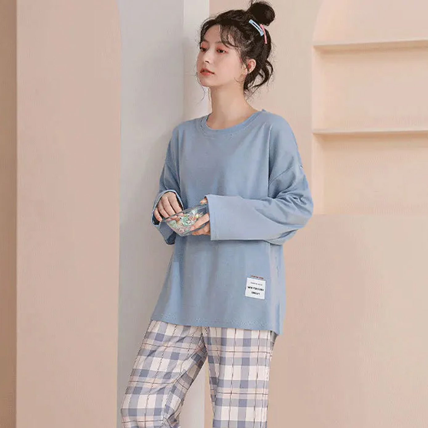 집에서 입는 청소년 봄 잠옷 체크무늬 파자마 베이직 이너웨어 - 상세 이미지 4