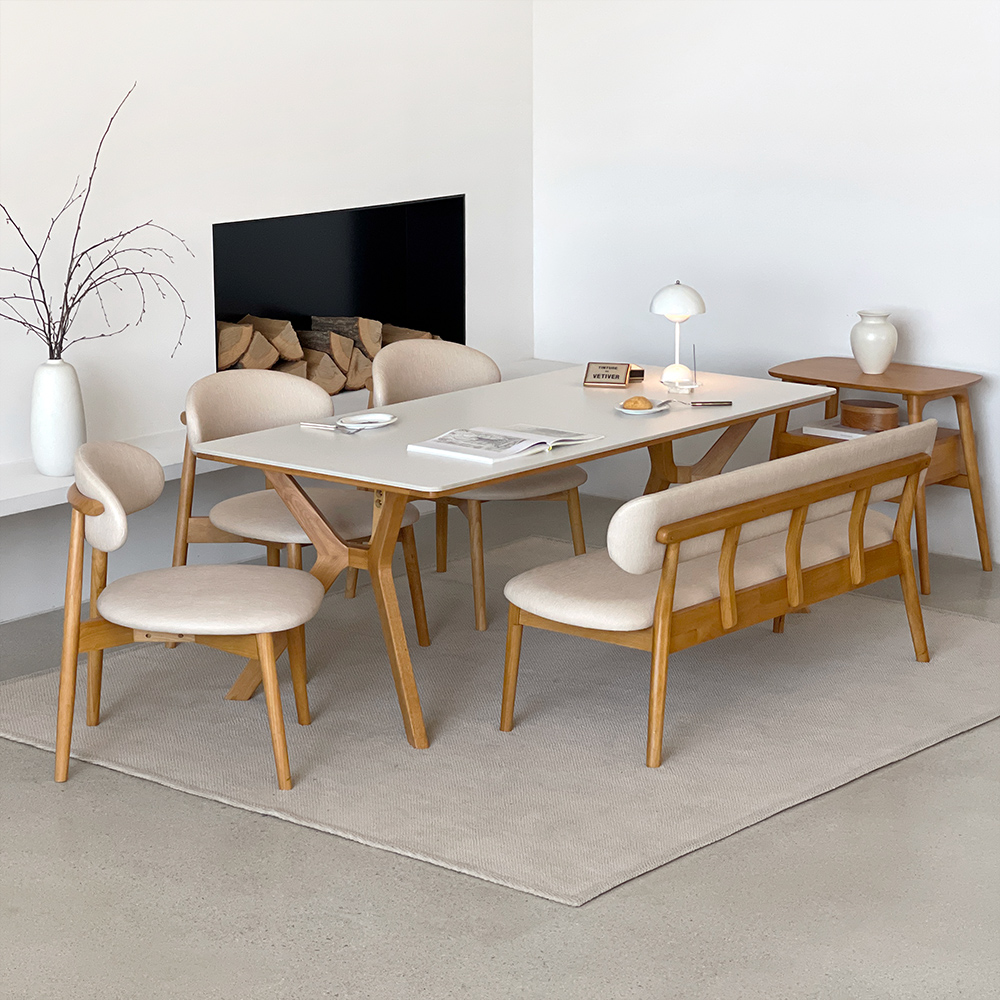 빈센트 4인용 원목 포세린 세라믹 식탁세트 식탁+의자2+벤치1, 1400mm, 양면세라믹