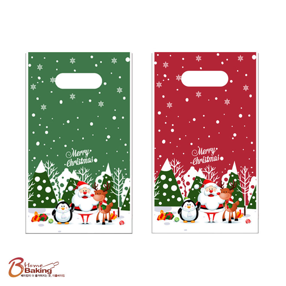 크리스마스손잡이비닐백 설원그린 레드 택1 선물포장 답례품 선물 기프트 다용도 어린이집 - 상품 이미지