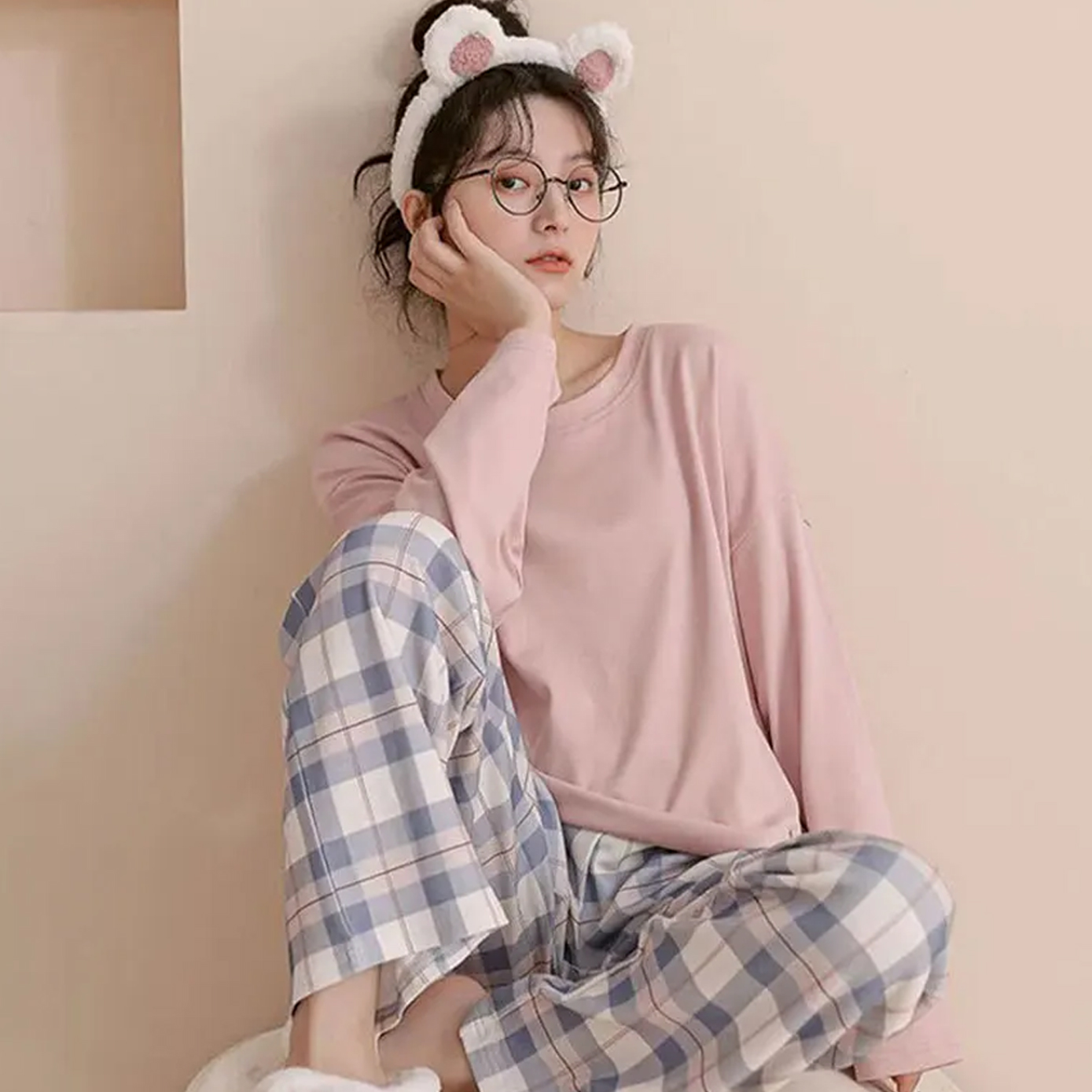 집에서 입는 청소년 봄 잠옷 체크무늬 파자마 베이직 이너웨어 - 상세 이미지 5