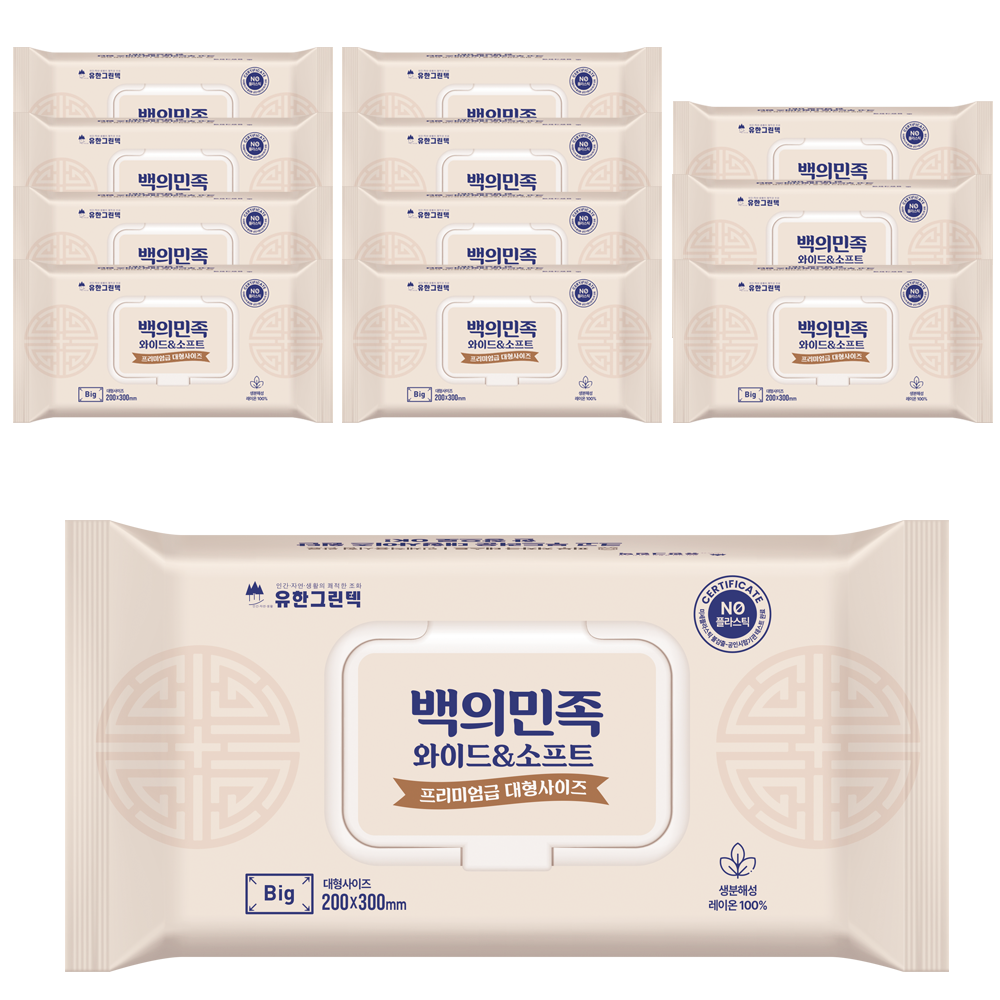 백의민족 60매12팩 대형 사이즈 요양병원 간병 피부저자극 레이온 100% 생분해 물티슈 - 상품 이미지