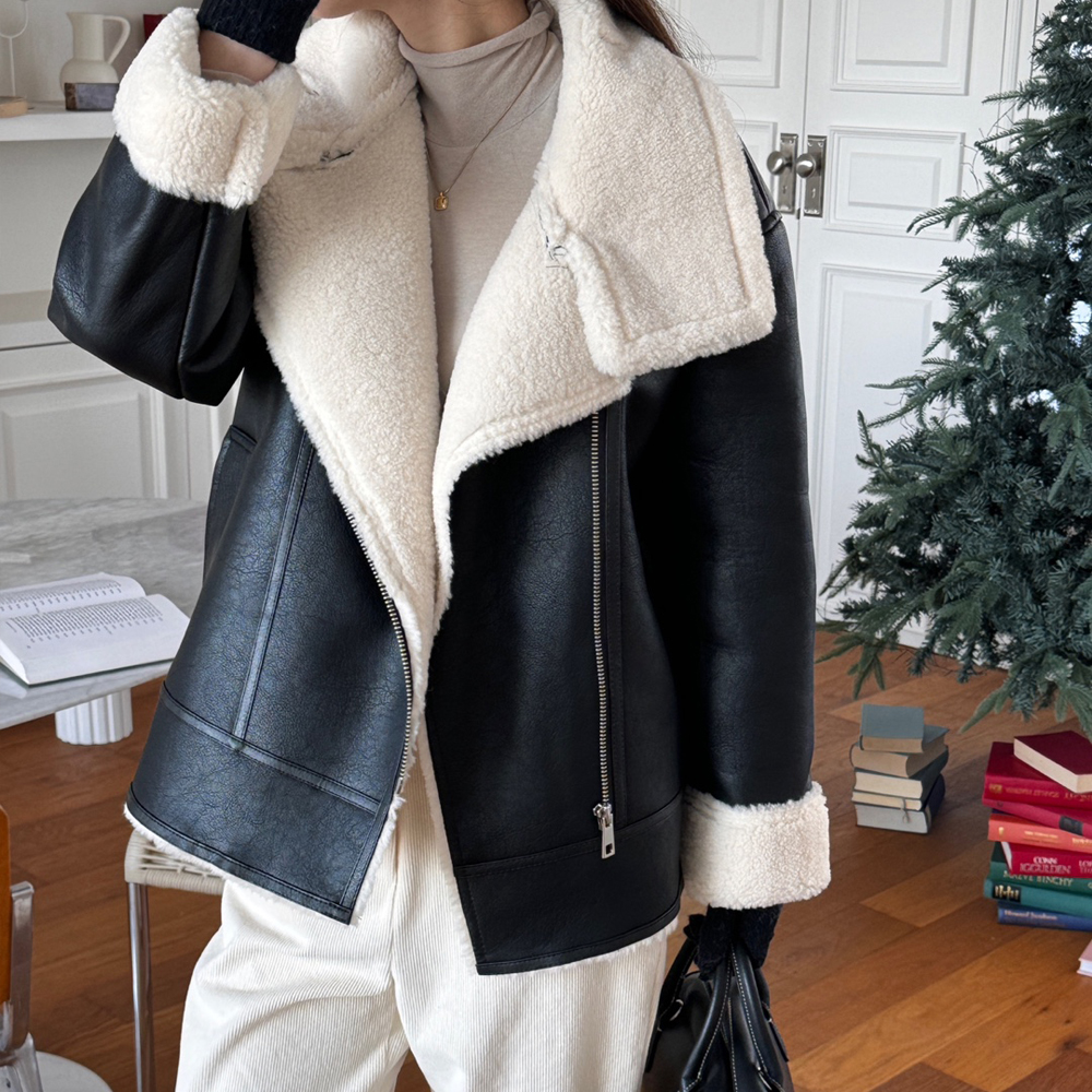 겨울 오버핏 하이넥 레더 무스탕 뽀글이 여자자켓 무스탕 여성 가죽재킷 양털 페이크 퍼 자켓