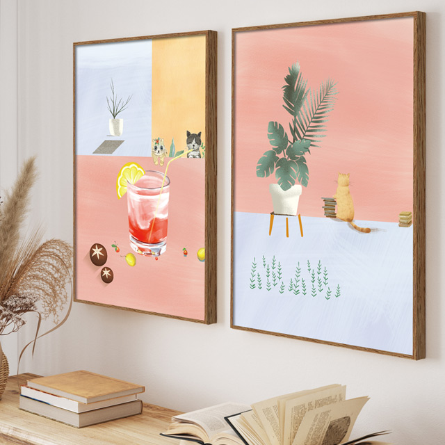 귀여운 고양이 그림 일러스트 액자 집들이선물 대형 거실 사무실 벽 인테리어 1번 - 상세 이미지 3