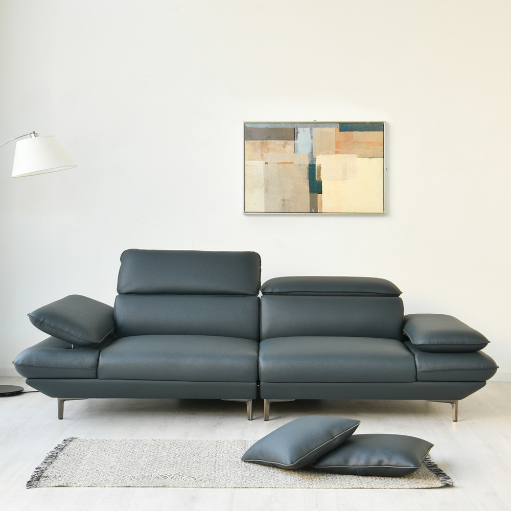 스코나 브리프 나파 통가죽 헤드 팔걸이 틸팅 소파 스툴미포함, 네이비, 3인용