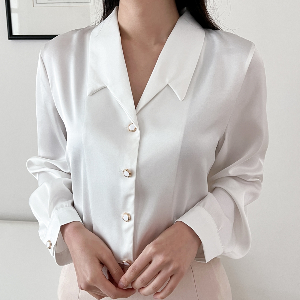 결혼식흰블라우스 자개 면접용 아나운서 셔츠형 가을 블라우스 - 상세 이미지 4