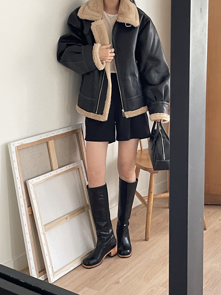 고급 가죽 하이넥 뽀글이 자켓 양털 무스탕 재킷 여자 레더 자켓 페이크퍼 여성 겨울자켓 - 상세 이미지 3