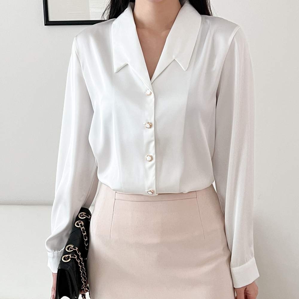 결혼식흰블라우스 자개 면접용 아나운서 셔츠형 가을 블라우스 - 상세 이미지 5