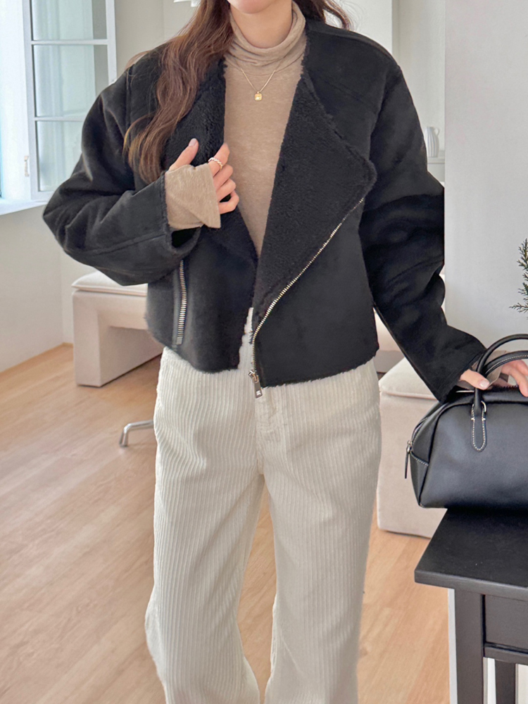 겨울 스웨이드 시어링 부클 무스탕 여자 자켓 크롭 뽀글이 양털 재킷 숏 여성 스웨이드 자켓 - 상세 이미지 3