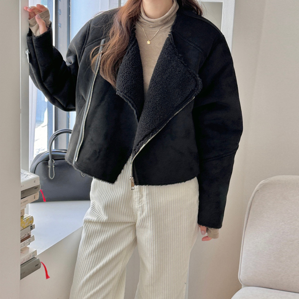 겨울 스웨이드 시어링 부클 무스탕 여자 자켓 크롭 뽀글이 양털 재킷 숏 여성 스웨이드 자켓 - 상품 이미지