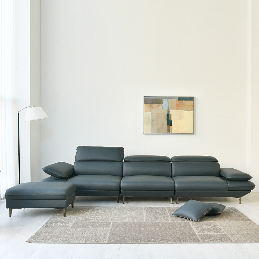 스코나 브리프 나파 통가죽 헤드 팔걸이 틸팅 소파 스툴포함, 네이비, 4인용