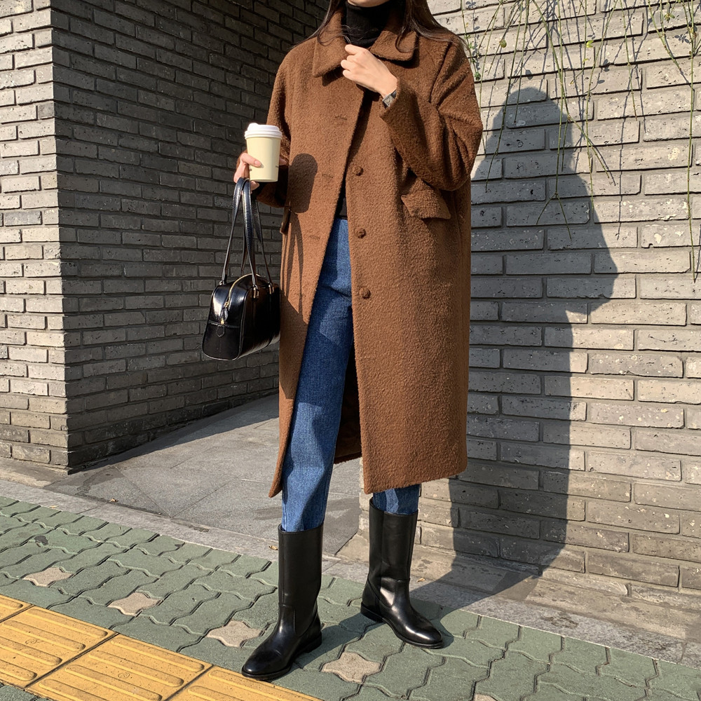 오버핏 싱글 부클 테디베어 울코트 여자 롱코트 시어링 여성 겨울코트 무스탕 브라운 블랙 - 상세 이미지 2