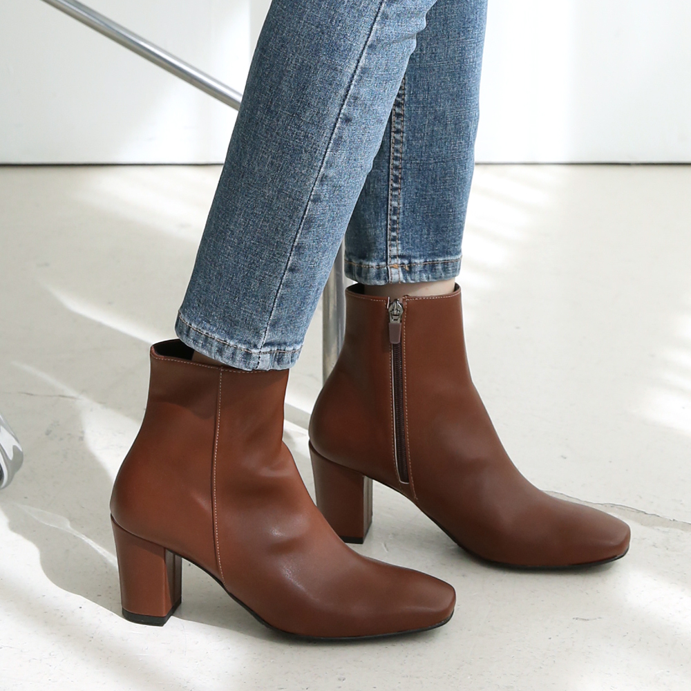 발편한 스퀘어 통굽 미들힐 앵클부츠 7cm