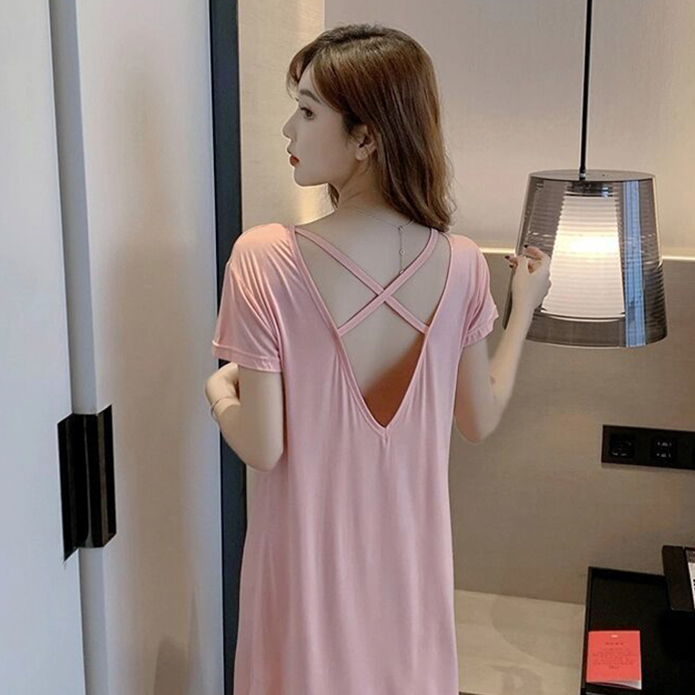 여성 면 백리스 원피스 잠옷 루즈핏 홈웨어 - 상품 이미지