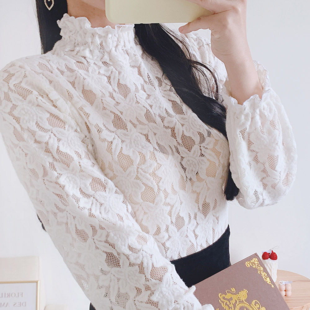시스루 프릴 블라우스 기모 이너 하이넥 레이스 블라우스 간절기룩 가을 겨울 아이보리 블랙 - 상품 이미지