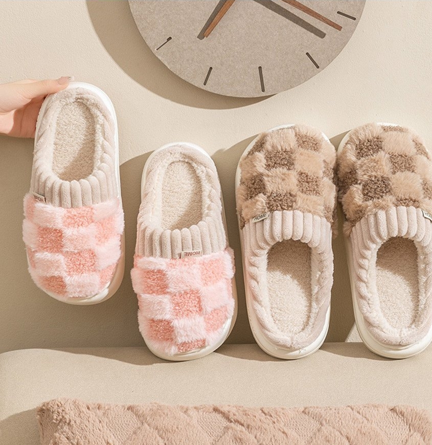 사무실 털슬리퍼 파스텔 체크 겨울 슬리퍼 두툼한 털 실내화 5컬러
