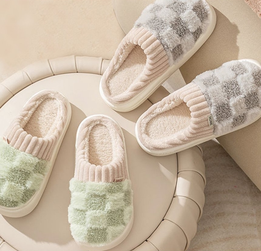 사무실 털슬리퍼 파스텔 체크 겨울 슬리퍼 두툼한 털 실내화 5컬러