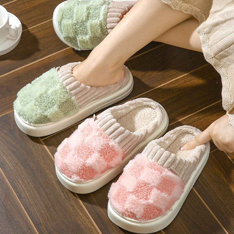 사무실 털슬리퍼 파스텔 체크 겨울 슬리퍼 두툼한 털 실내화 5컬러
