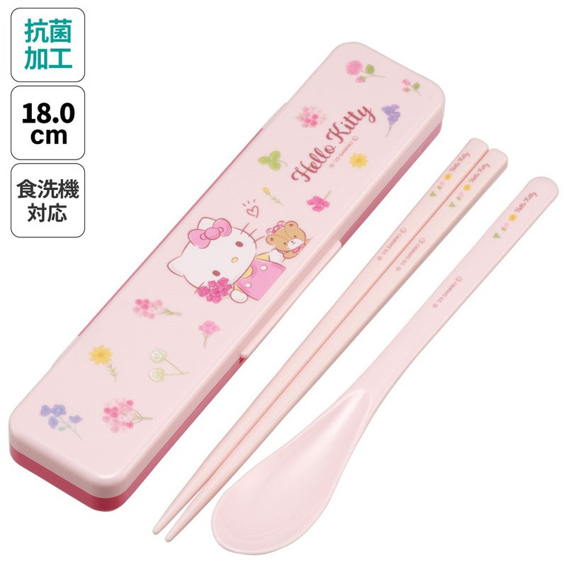 스케이터 키티 캐릭터 소리나지 않는 항균 콤비세트 (스푼,젓가락,케이스) 18cm - 주방·식기 - 하카타몰