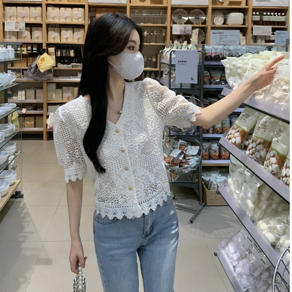 나는솔로 125회 17기 영숙 블라우스 펀칭 자수 반팔 크로쉐 크로셰 셔츠 페미닌 - 상세 이미지 5
