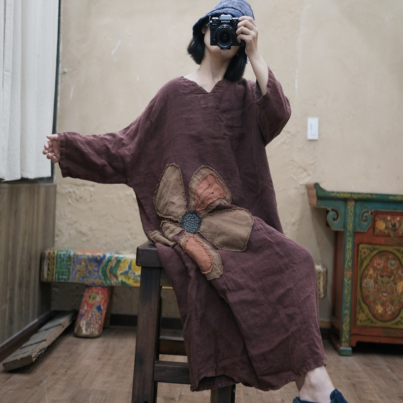 오버핏 브이넥 린넨원피스 보헤미안 빅사이즈 꽃원피스 66 77 88 99 사이즈 가능 - 상세 이미지 3