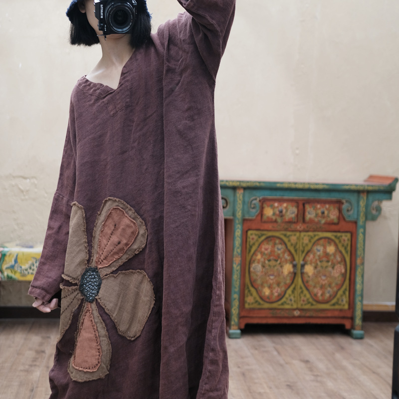 오버핏 브이넥 린넨원피스 보헤미안 빅사이즈 꽃원피스 66 77 88 99 사이즈 가능