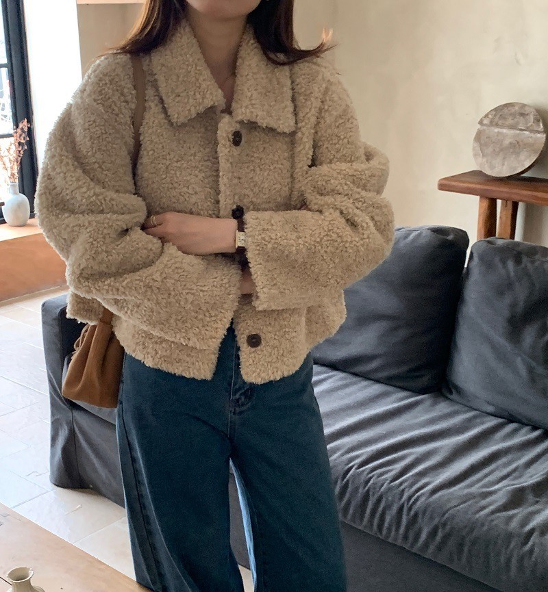 하이 카라넥 양털 뽀글이 부클 무스탕 후리스 버튼 단추 퍼 경량 자켓 코트 이미지 1