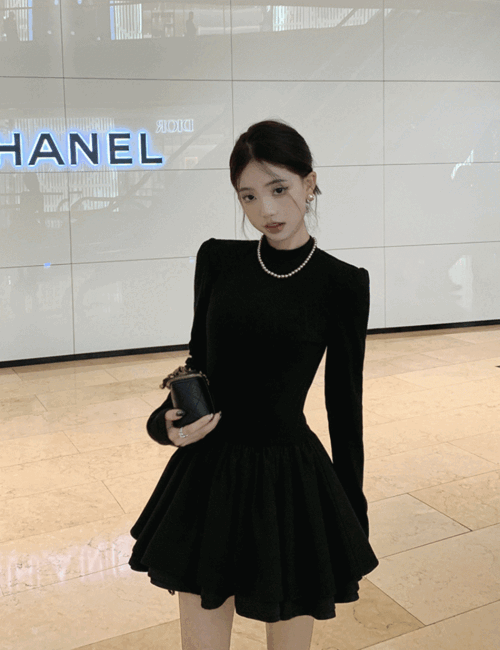 펌킨 반하이넥 벌룬 A라인 미니 원피스 브라이덜샤워 연말파티룩 - 메인 이미지