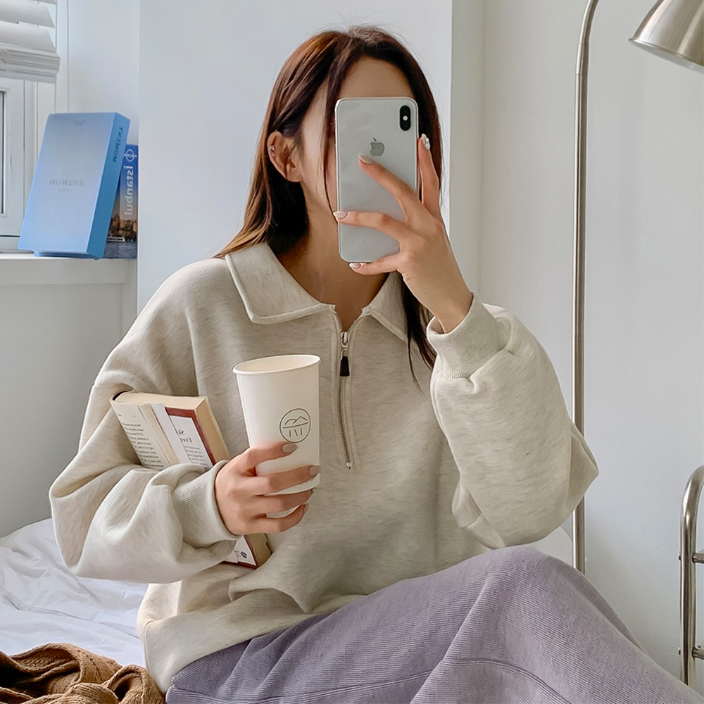 여성 맨투맨 기모 반집업맨투맨 하프집업 무지 티셔츠 카라 티 오버핏 여자