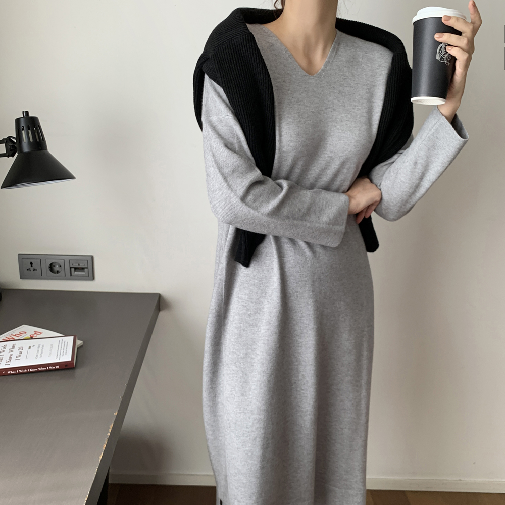부드러운 루즈핏 H라인 브이넥 롱 니트원피스 여성 가을 원피스 빅사이즈 원피스 데일리룩