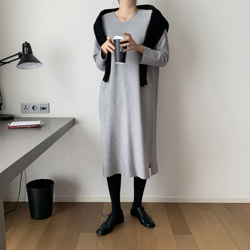 부드러운 루즈핏 H라인 브이넥 롱 니트원피스 여성 가을 원피스 빅사이즈 원피스 데일리룩
