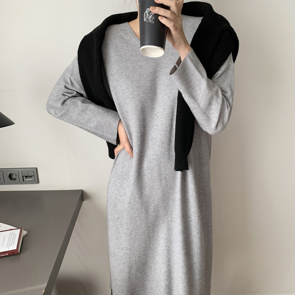 부드러운 루즈핏 H라인 브이넥 롱 니트원피스 여성 가을 원피스 빅사이즈 원피스 데일리룩