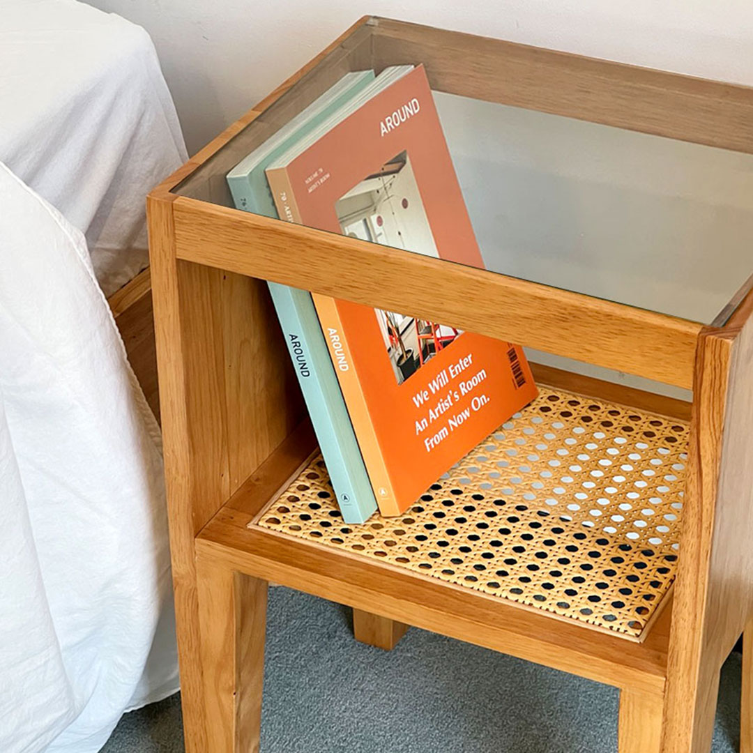 자야캠핑 오울루 라탄 2단 협탁 사이드 원목 테이블