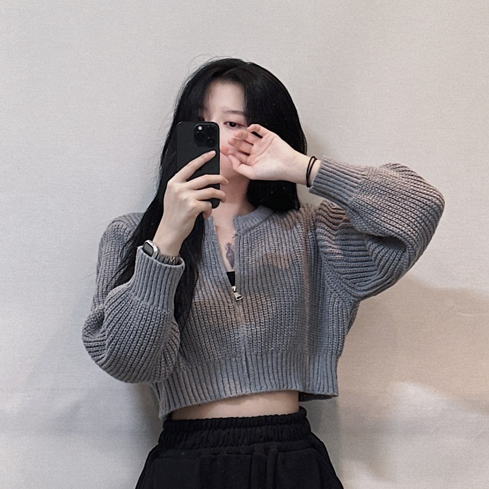 크롭 긴팔 여성 니트 집업 가디건 [3color 벌룬 소매 데일리 아방 블랙 그레이] 이미지