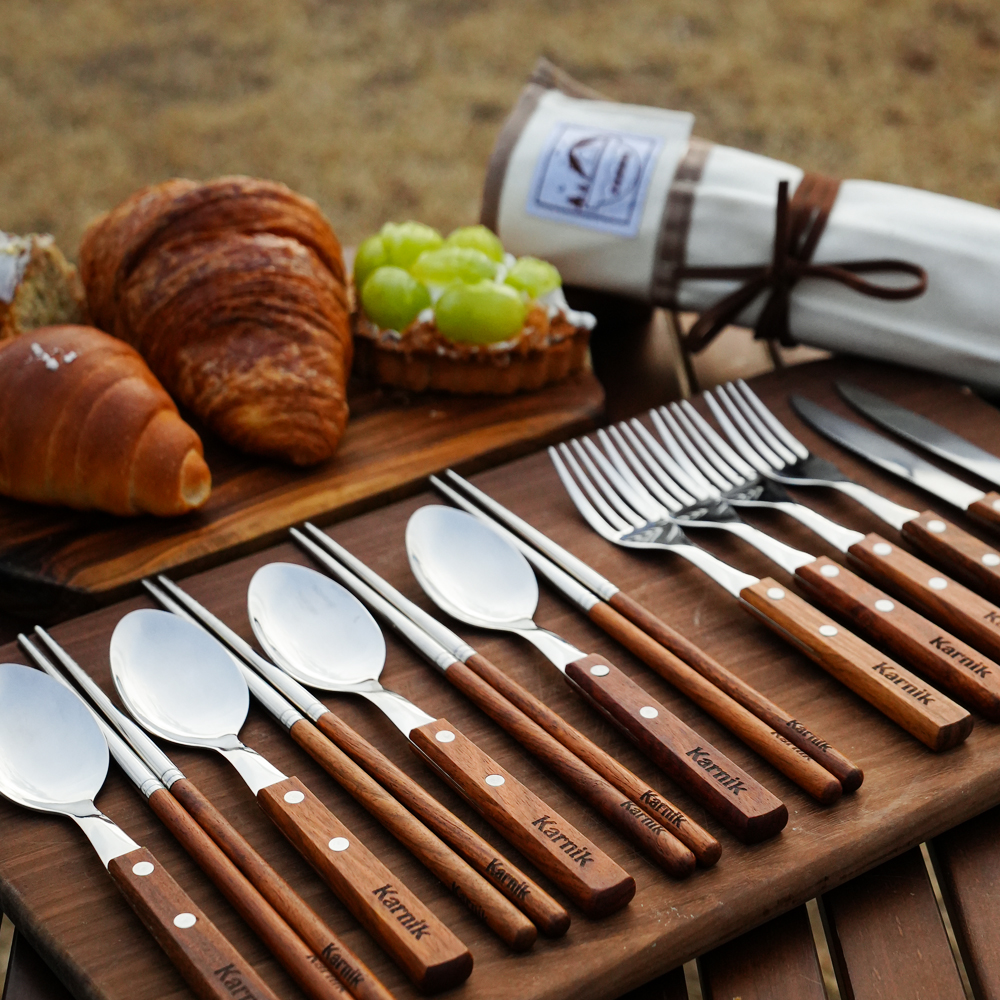 카르닉 캠핑 수저 세트 커트러리 4인용 우드 젓가락 포크 나이프 304스텐 15P